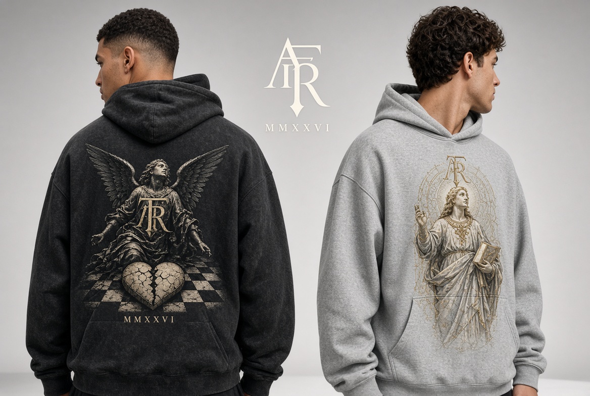 AFTR/THIS Drop 001 black and gray graphic hoodie campaign